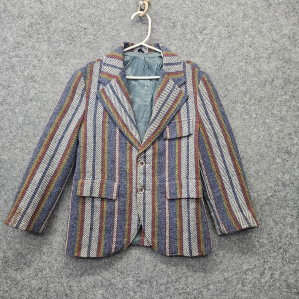 Vintage Blazer Boys XS 5 Blue Gray Stripe Wool Tweed Sports Coat 70s TOWNCRAFT